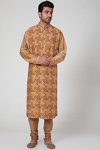 Beige Resham Embroidered Kurta Set by Aditya Dugar