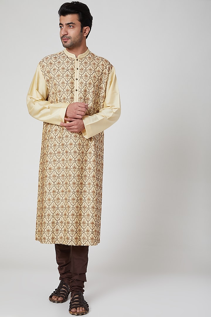 Beige Embroidered Classic Kurta Set by Aditya Dugar