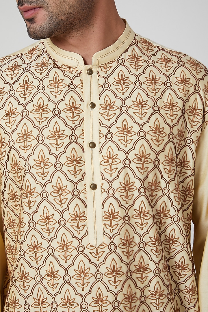 Beige Embroidered Classic Kurta Set by Aditya Dugar at Pernia's Pop Up Shop
