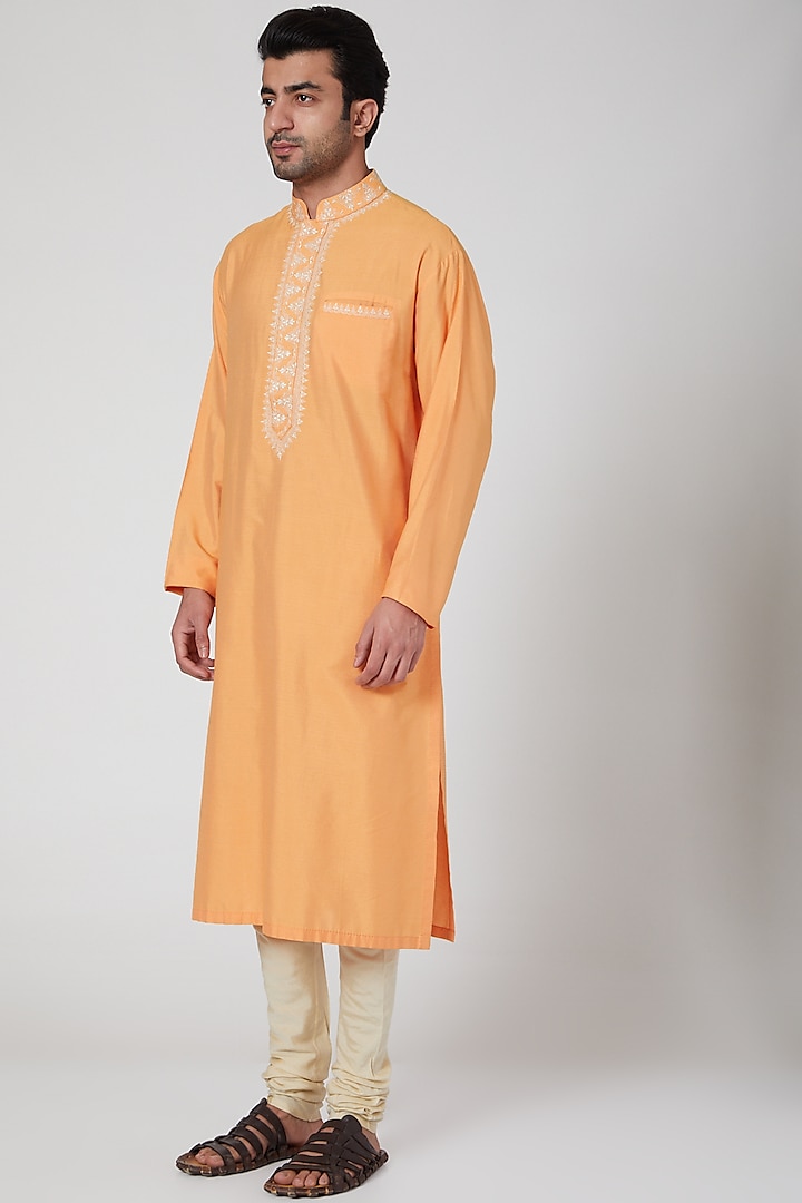 Orange Embroidered Kurta Set by Aditya Dugar