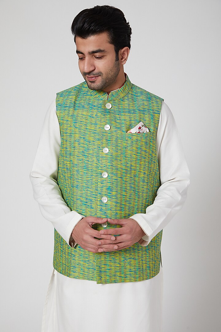 Green Printed Waistcoat by Aditya Dugar at Pernia's Pop Up Shop