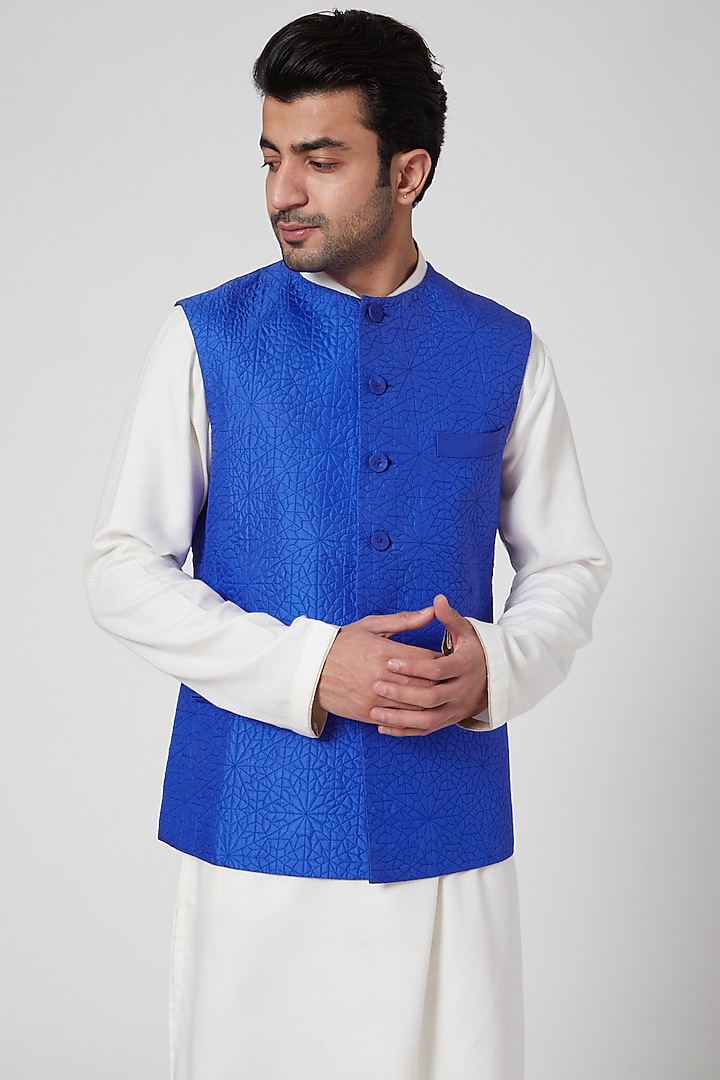 Blue Silk Waistcoat by Aditya Dugar at Pernia's Pop Up Shop
