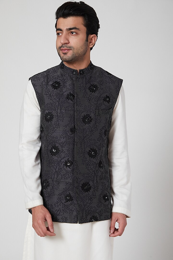 Blue Embroidered Waistcoat by Aditya Dugar at Pernia's Pop Up Shop