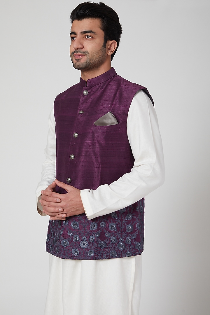 Purple Embroidered Waistcoat by Aditya Dugar at Pernia's Pop Up Shop