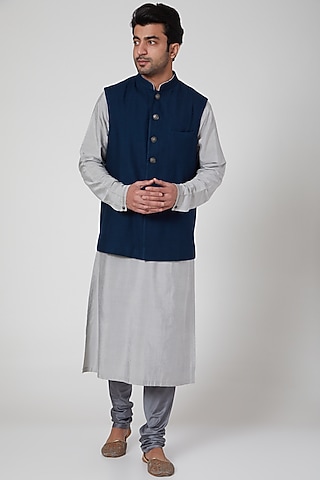 Blue Printed Classic Waistcoat by Aditya Dugar