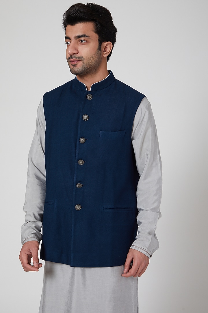 Blue Printed Classic Waistcoat by Aditya Dugar at Pernia's Pop Up Shop