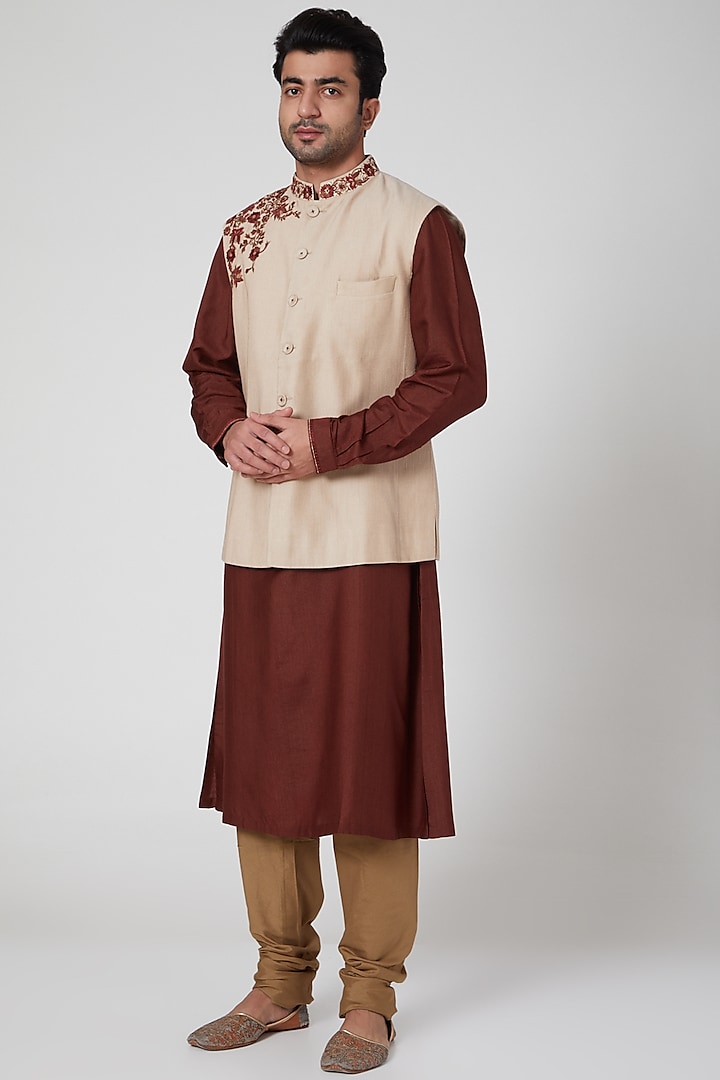 Brown Kurta Set With Embroidered Waistcoat by Aditya Dugar