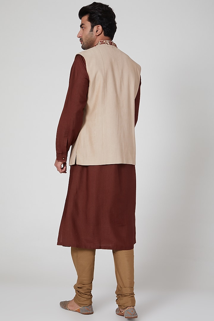 Brown Kurta Set With Embroidered Waistcoat by Aditya Dugar at Pernia's Pop Up Shop