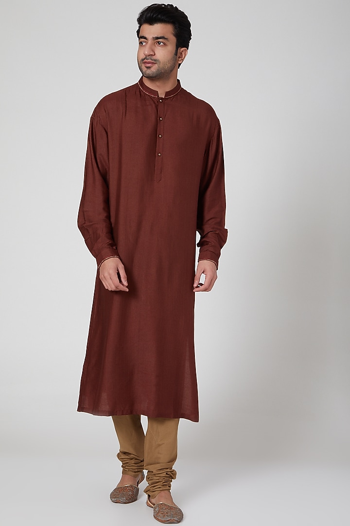 Brown Kurta Set With Embroidered Waistcoat by Aditya Dugar at Pernia's Pop Up Shop