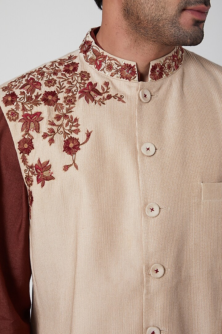 Brown Kurta Set With Embroidered Waistcoat by Aditya Dugar at Pernia's Pop Up Shop
