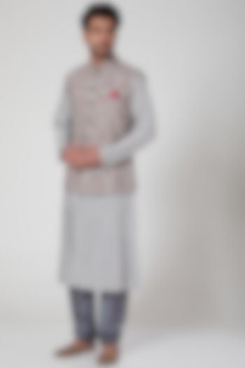 Grey Kurta Set With Embroidered Waistcoat by Aditya Dugar