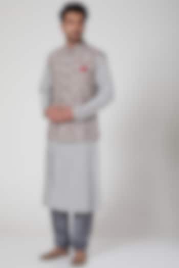 Grey Kurta Set With Embroidered Waistcoat by Aditya Dugar