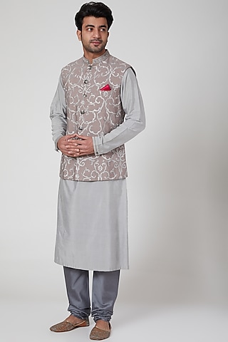 Grey Kurta Set With Embroidered Waistcoat by Aditya Dugar