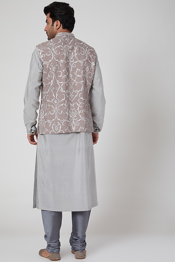 Grey Kurta Set With Embroidered Waistcoat by Aditya Dugar at Pernia's Pop Up Shop