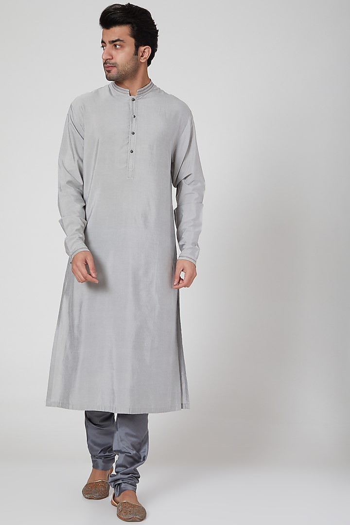Grey Kurta Set With Embroidered Waistcoat by Aditya Dugar at Pernia's Pop Up Shop