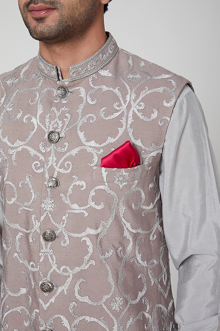 Grey Kurta Set With Embroidered Waistcoat by Aditya Dugar at Pernia's Pop Up Shop