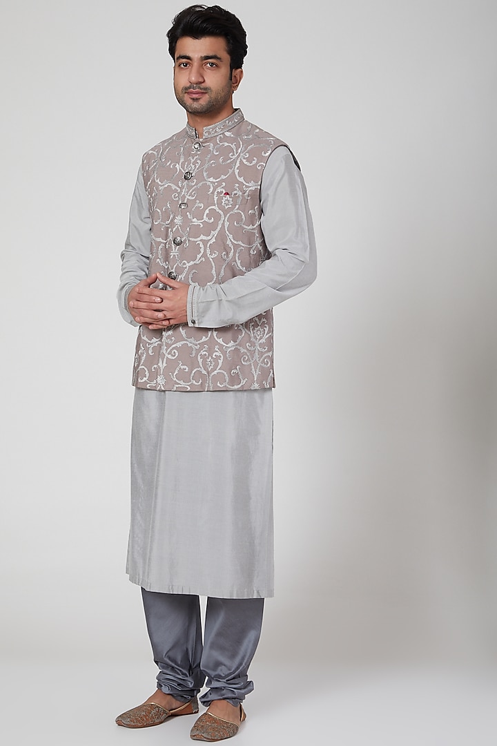 Grey Embroidered Waistcoat by Aditya Dugar