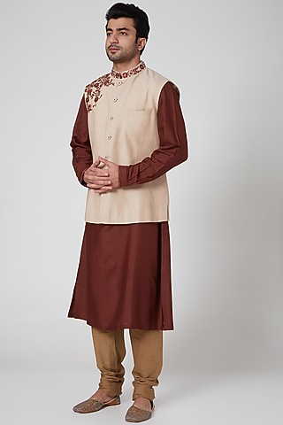 Beige Embroidered Waistcoat by Aditya Dugar