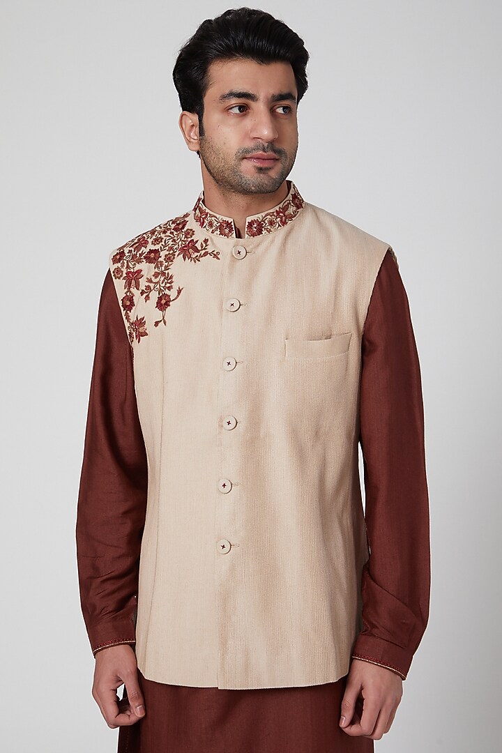 Beige Embroidered Waistcoat by Aditya Dugar at Pernia's Pop Up Shop