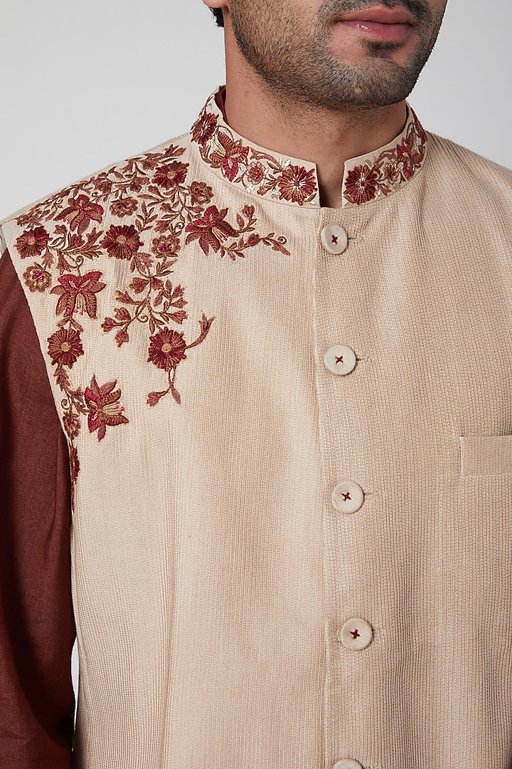 Beige Embroidered Waistcoat by Aditya Dugar at Pernia's Pop Up Shop