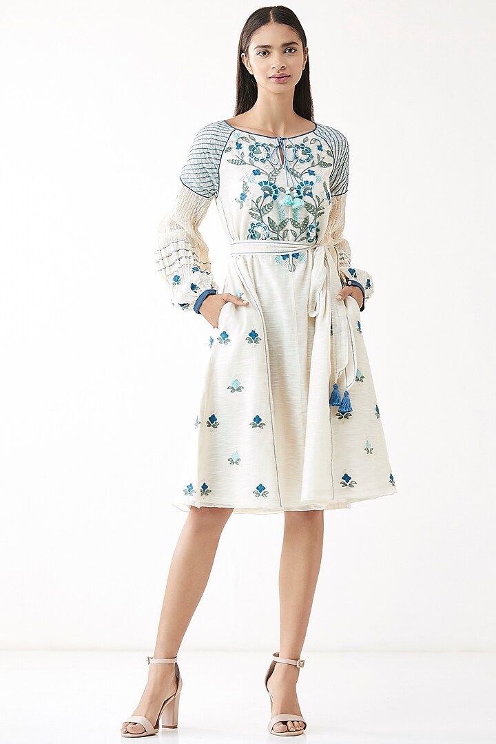 Natural White Embroidered Dress With Belt by Anita Dongre Grassroot
