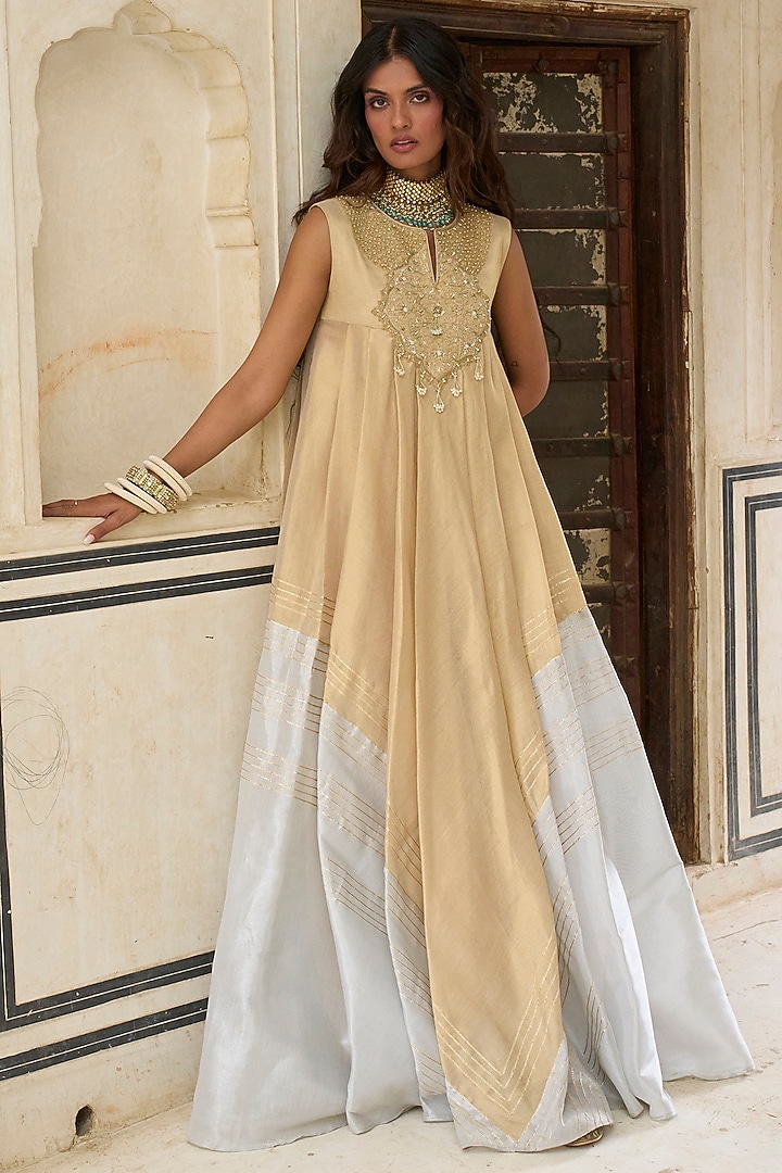 Champagne Chanderi Tissue Motif Embroidered Choga Wedding Anarkali by Aditi Gupta at Pernia's Pop Up Shop