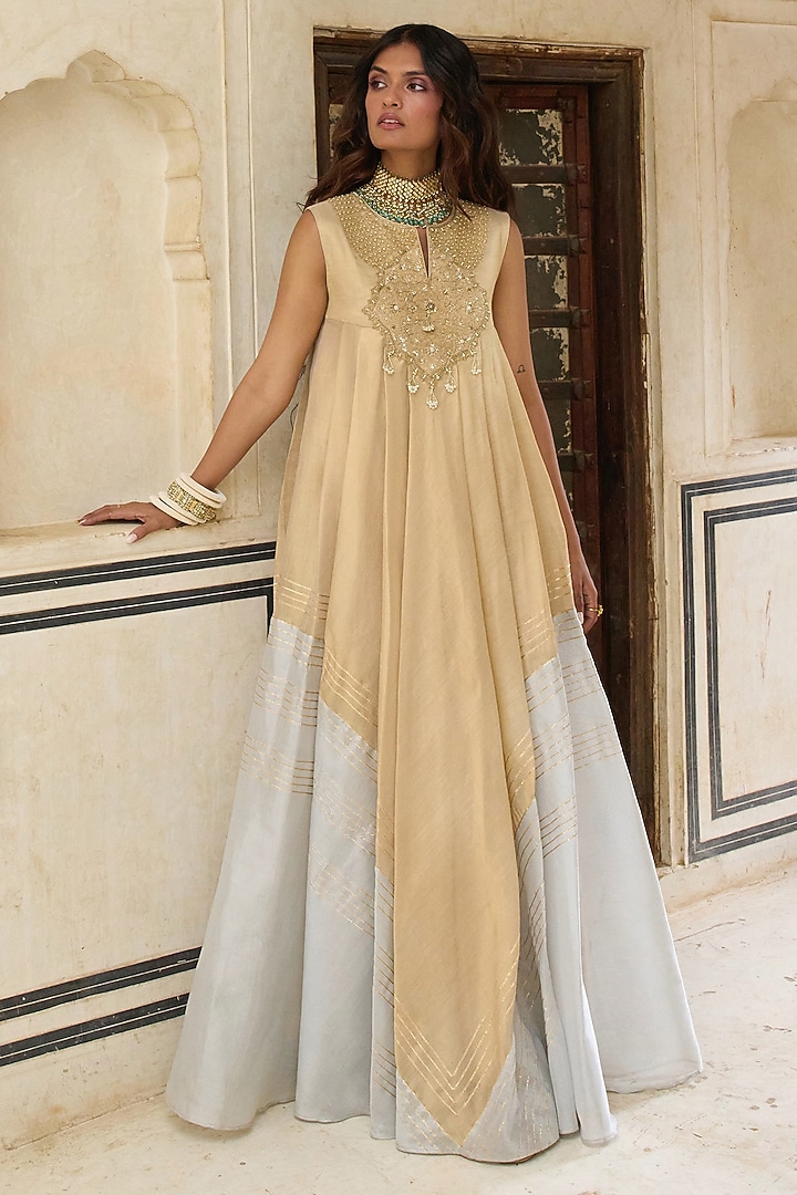 Champagne Chanderi Tissue Motif Embroidered Choga Wedding Anarkali by Aditi Gupta at Pernia's Pop Up Shop