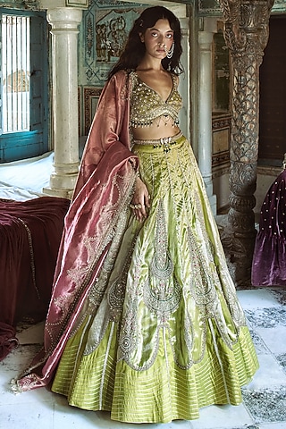 Lemon Green Pure Zari Tissue Kalidar Lehenga Set by Aditi Gupta