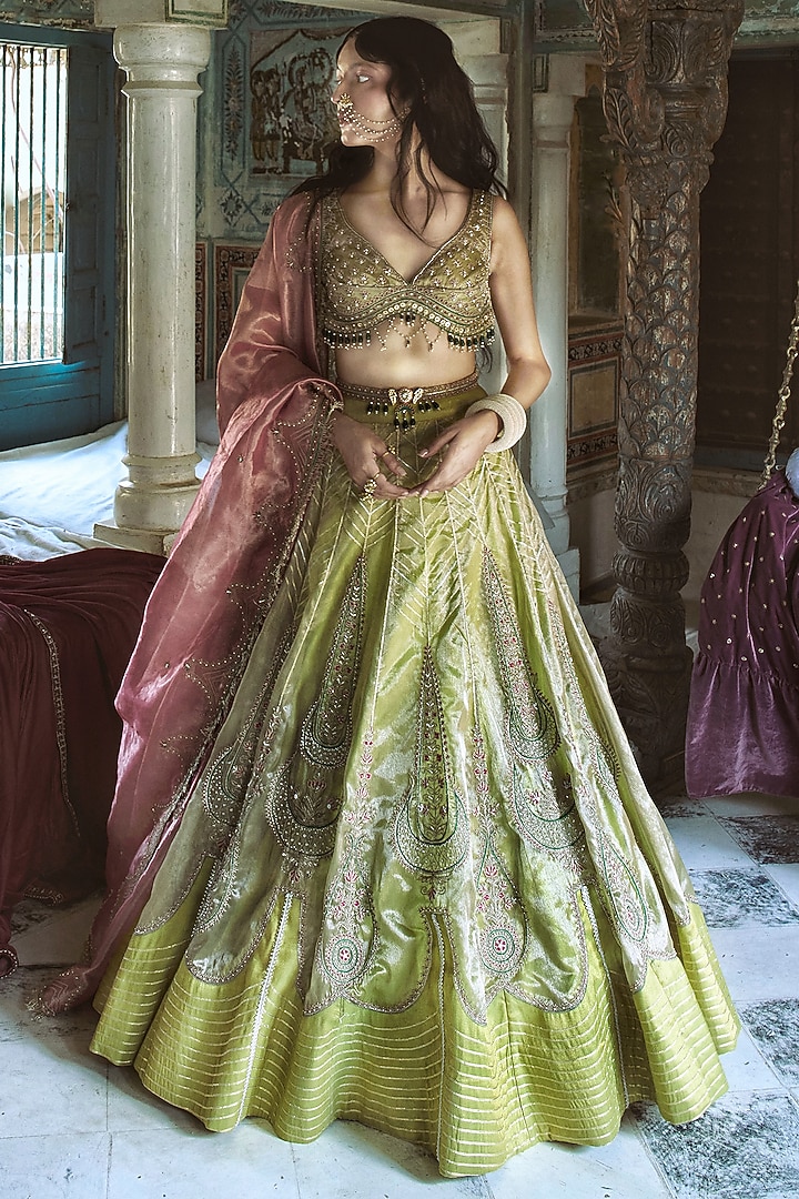 Lemon Green Pure Zari Tissue Kalidar Bridal Lehenga Set by Aditi Gupta at Pernia's Pop Up Shop
