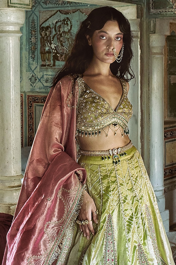 Lemon Green Pure Zari Tissue Kalidar Bridal Lehenga Set by Aditi Gupta at Pernia's Pop Up Shop