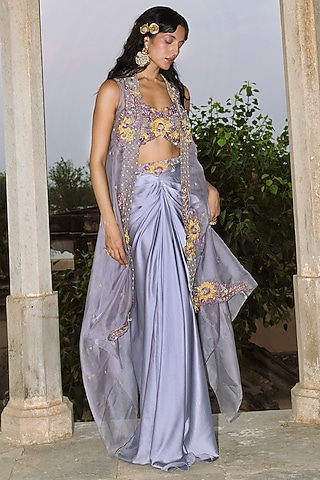 Lilac Armani Satin Draped Skirt Set by Aditi Gupta