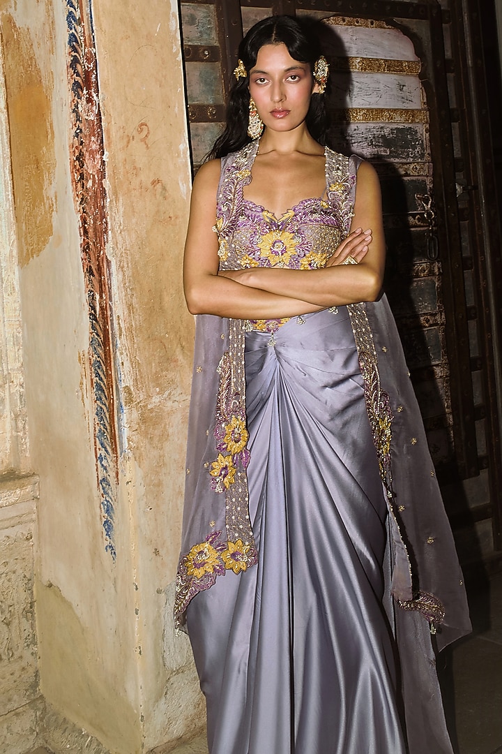 Lilac Armani Satin Draped Skirt Set by Aditi Gupta at Pernia's Pop Up Shop