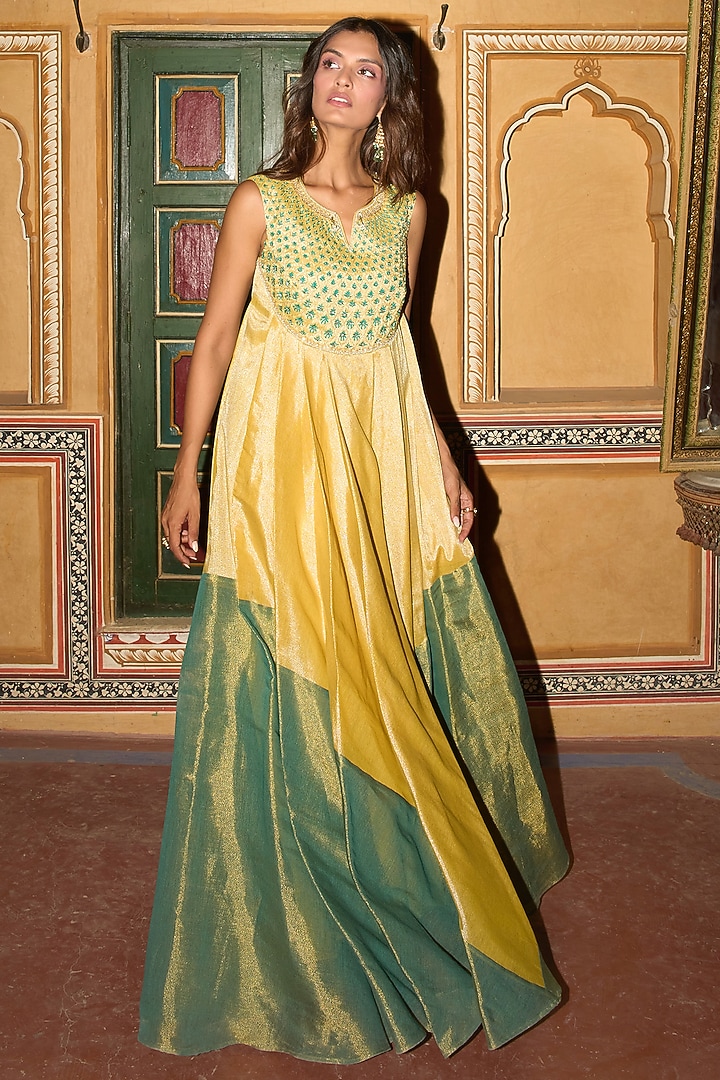 Lemon Yellow Chanderi Tissue Choga Wedding Anarkali by Aditi Gupta at Pernia's Pop Up Shop