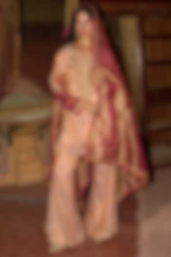 Rose Gold Silk Zari Tissue Textured Short Kurta Set by Aditi Gupta at Pernia's Pop Up Shop