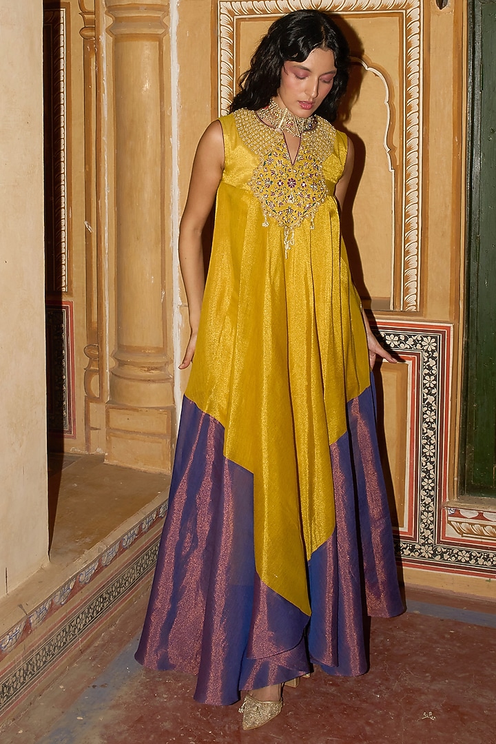 Mustard Yellow Chanderi Tissue Choga Wedding Anarkali by Aditi Gupta at Pernia's Pop Up Shop