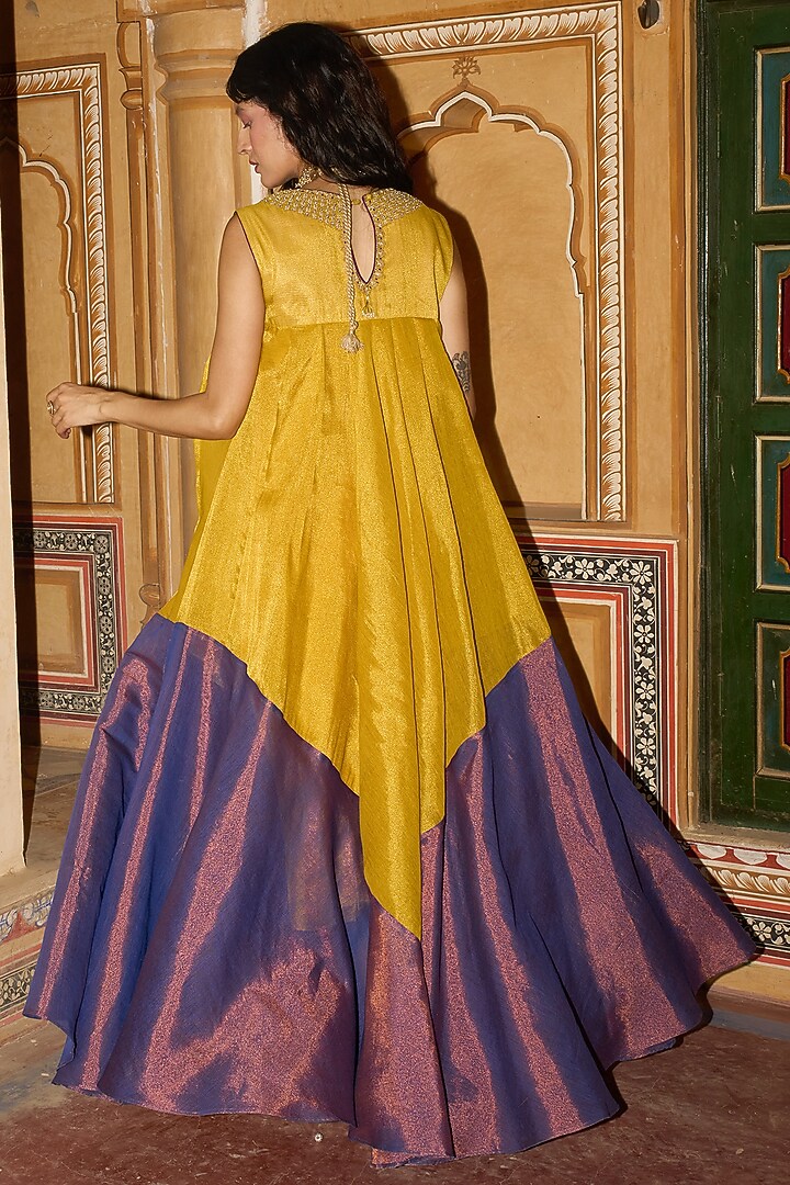 Mustard Yellow Chanderi Tissue Choga Wedding Anarkali by Aditi Gupta at Pernia's Pop Up Shop
