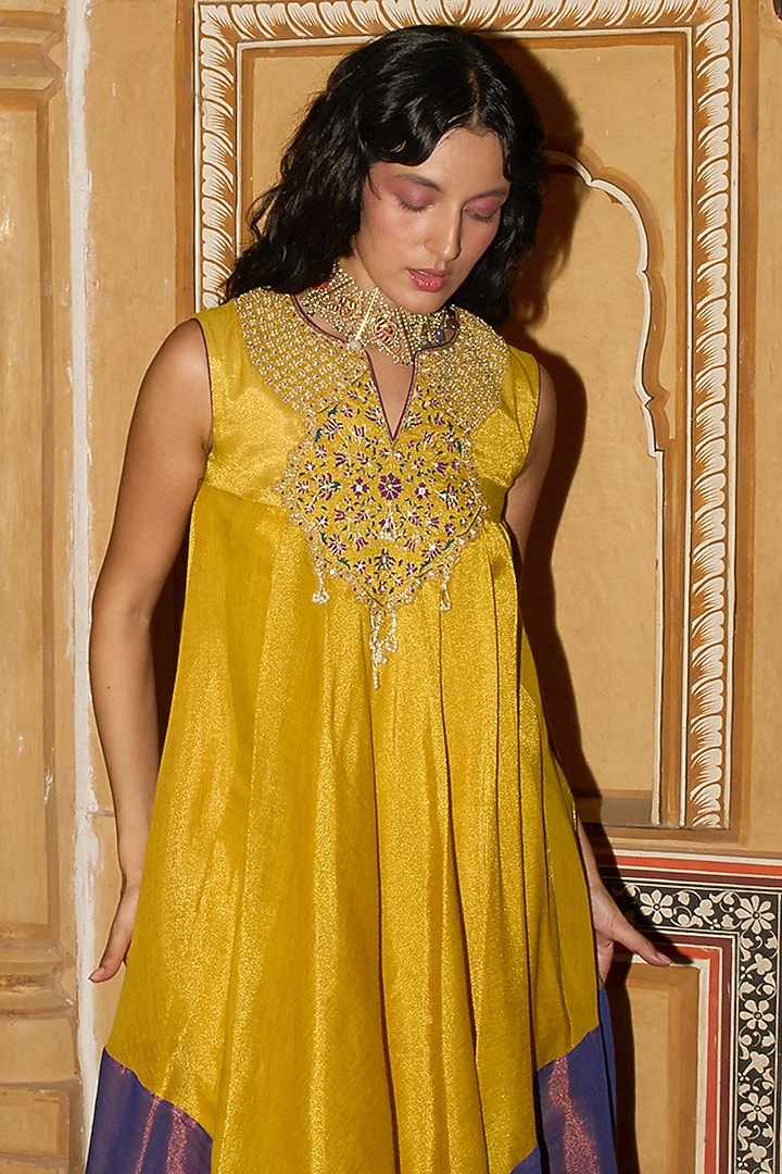 Mustard Yellow Chanderi Tissue Choga Wedding Anarkali by Aditi Gupta at Pernia's Pop Up Shop