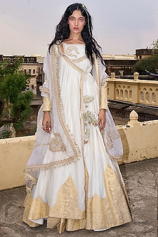 Ivory Chanderi Tissue Gota Textured Angrakha Set by Aditi Gupta