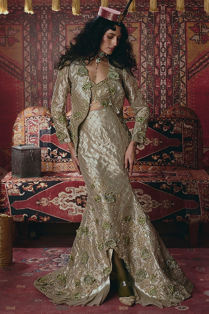 Pearl Gold Pure Tissue 3D Floral Embroidered Jacket Set by Aditi Gupta at Pernia's Pop Up Shop