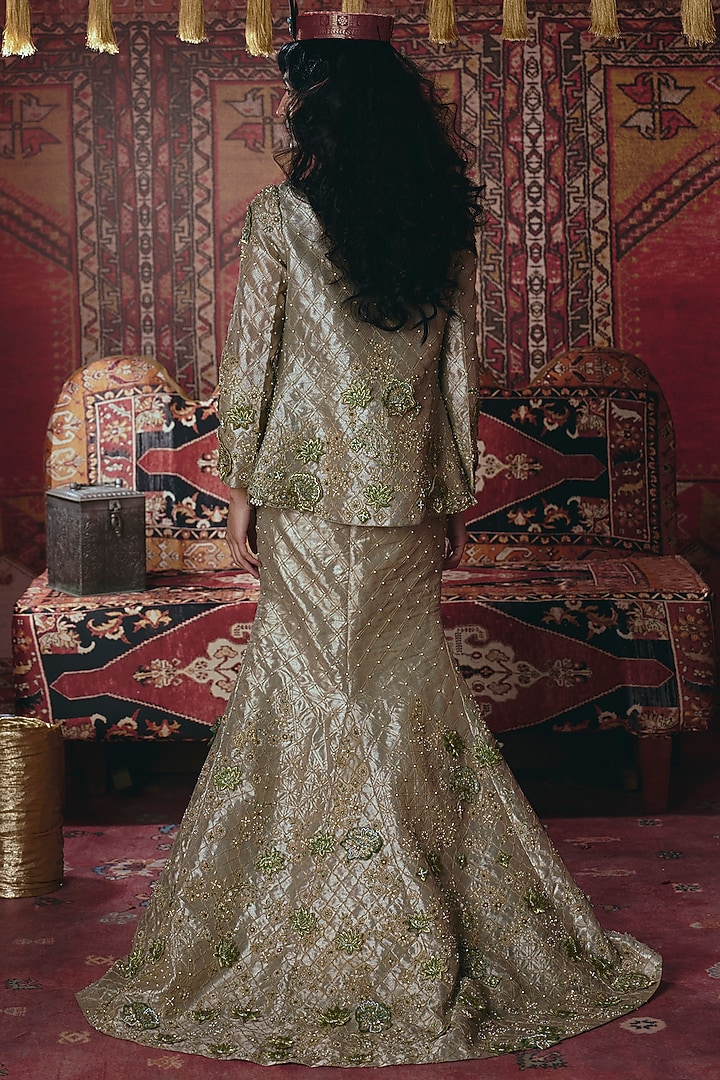 Pearl Gold Pure Tissue 3D Floral Embroidered Jacket Set by Aditi Gupta at Pernia's Pop Up Shop