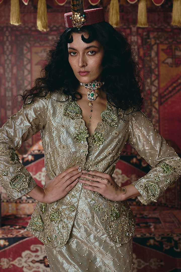 Pearl Gold Pure Tissue 3D Floral Embroidered Jacket Set by Aditi Gupta at Pernia's Pop Up Shop