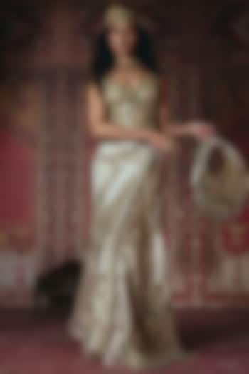 Pearl Gold Pure Tissue 3D Floral Embellished Draped Skirt Set by Aditi Gupta at Pernia's Pop Up Shop