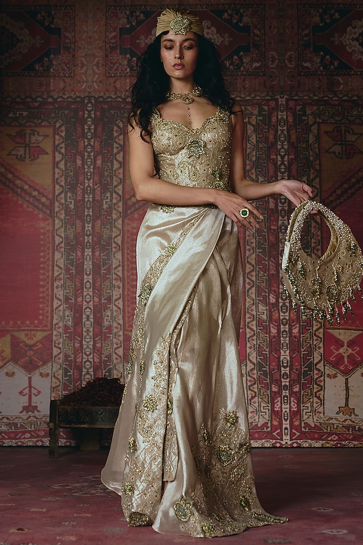 Pearl Gold Pure Tissue 3D Floral Embellished Draped Skirt Set by Aditi Gupta at Pernia's Pop Up Shop