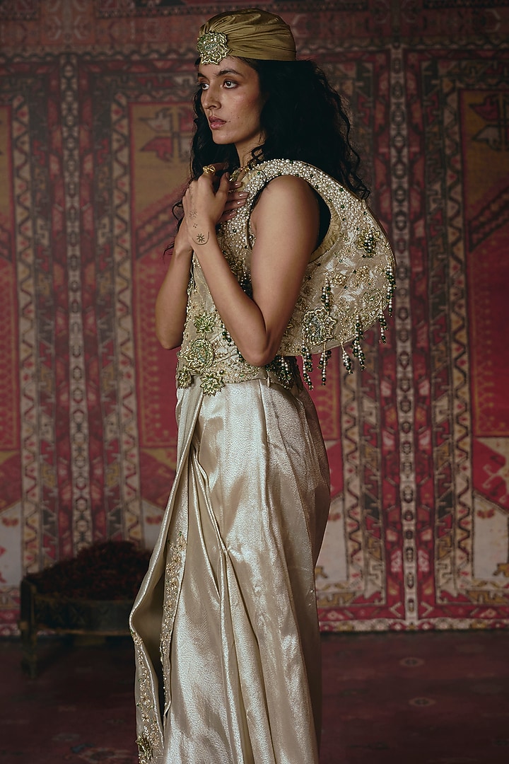 Pearl Gold Pure Tissue 3D Floral Embellished Draped Skirt Set by Aditi Gupta at Pernia's Pop Up Shop