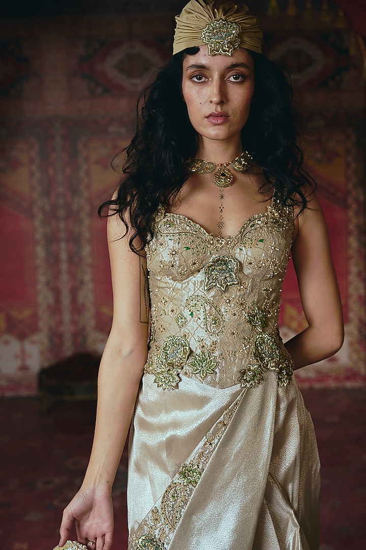 Pearl Gold Pure Tissue 3D Floral Embellished Draped Skirt Set by Aditi Gupta at Pernia's Pop Up Shop