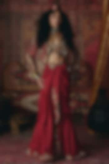 Maroon Pure Tissue 3D Floral Embroidered Jacket Set by Aditi Gupta at Pernia's Pop Up Shop