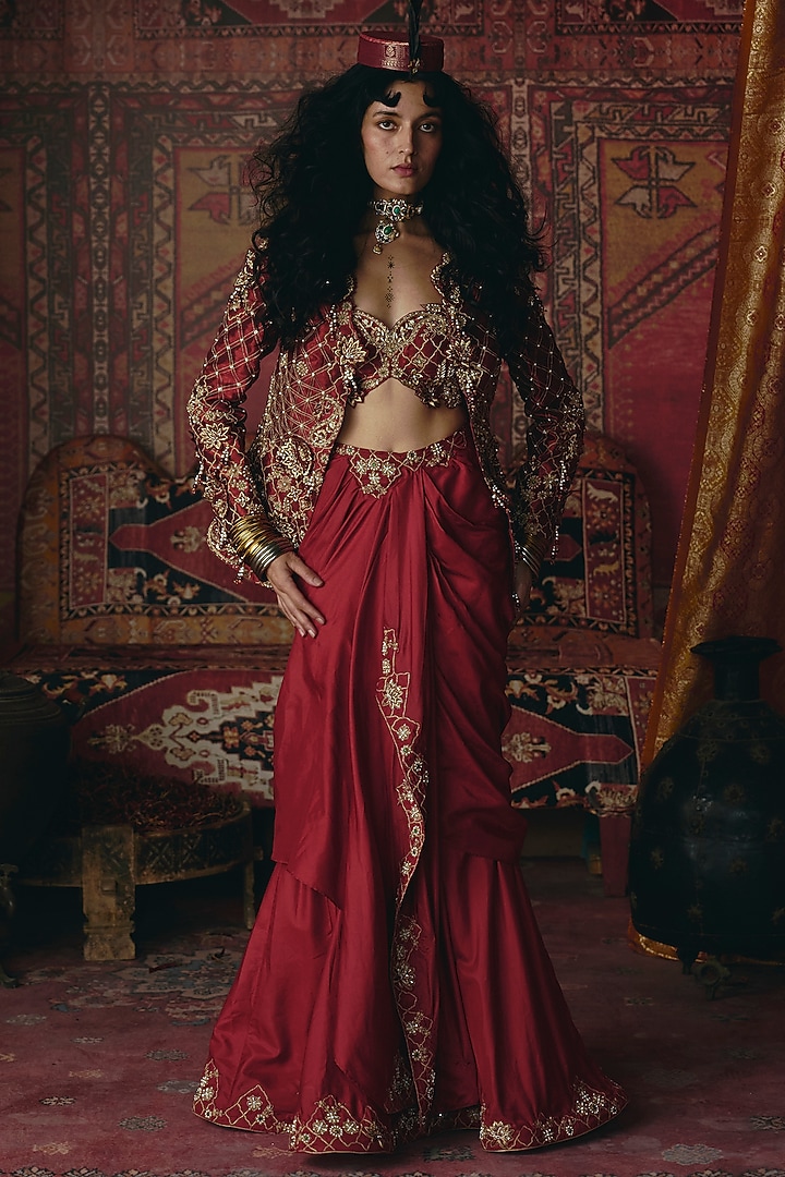 Maroon Pure Tissue 3D Floral Embroidered Jacket Set by Aditi Gupta at Pernia's Pop Up Shop