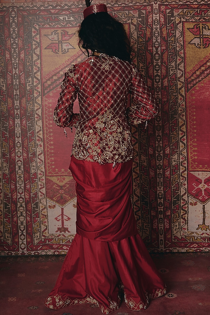 Maroon Pure Tissue 3D Floral Embroidered Jacket Set by Aditi Gupta at Pernia's Pop Up Shop