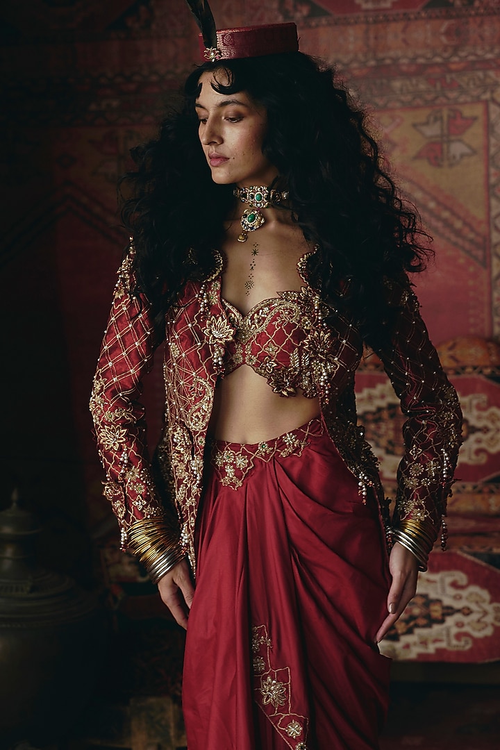 Maroon Pure Tissue 3D Floral Embroidered Jacket Set by Aditi Gupta at Pernia's Pop Up Shop