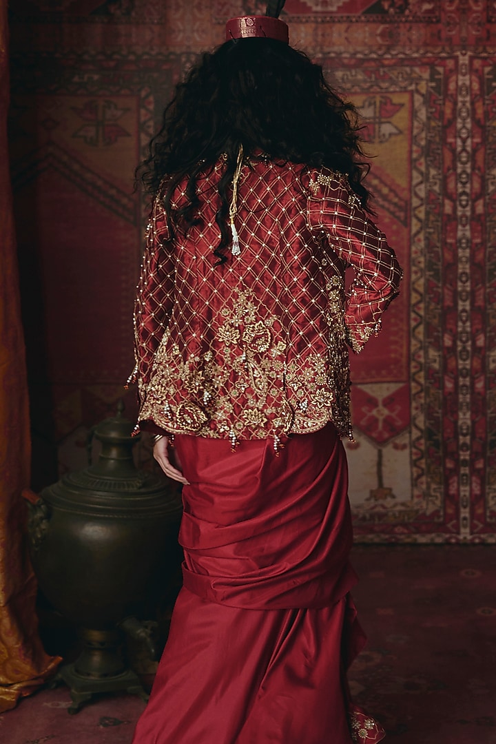 Maroon Pure Tissue 3D Floral Embroidered Jacket Set by Aditi Gupta at Pernia's Pop Up Shop